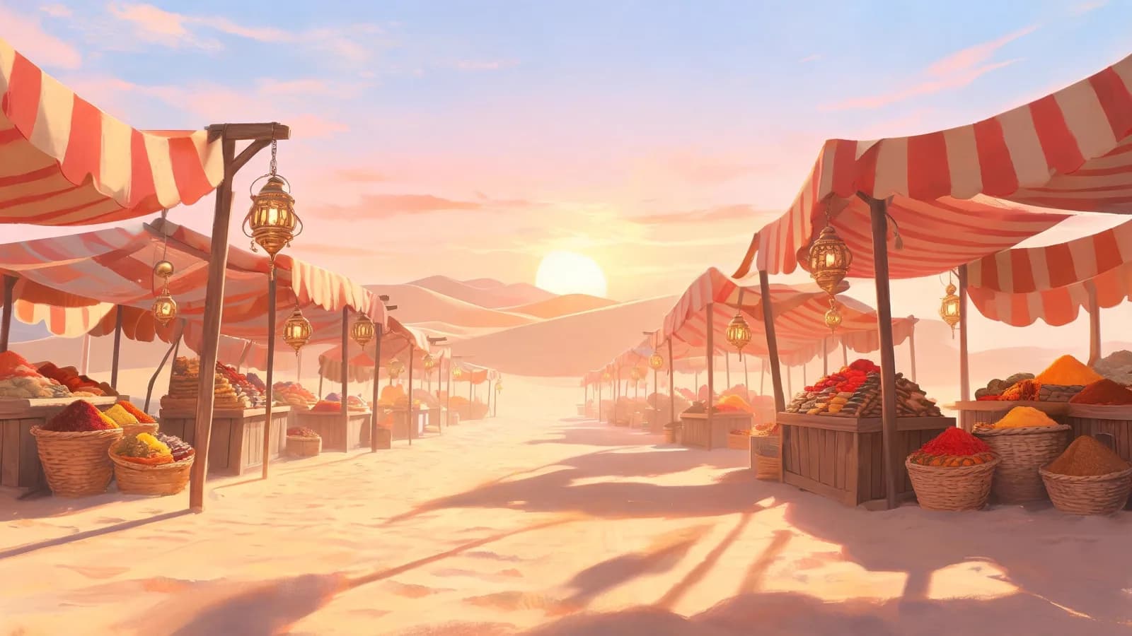 A desert market at dawn with striped awnings and brass lanterns
